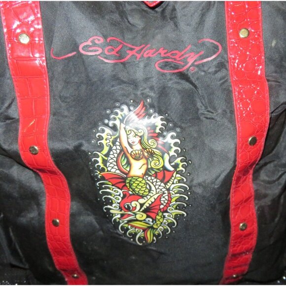ED HARDY by Christian Audigier Y2K Mermaid Black Canvas & Patent Leather Trim & - Picture 2 of 12